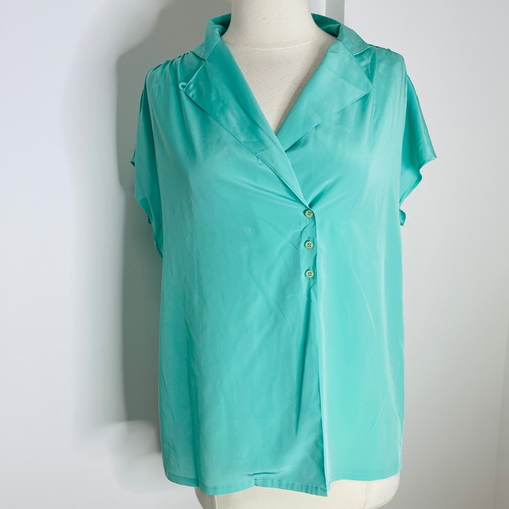 Lynn Michelle Vintage Teal Green Short Sleeve Button Front Blouse Size 12 Japan